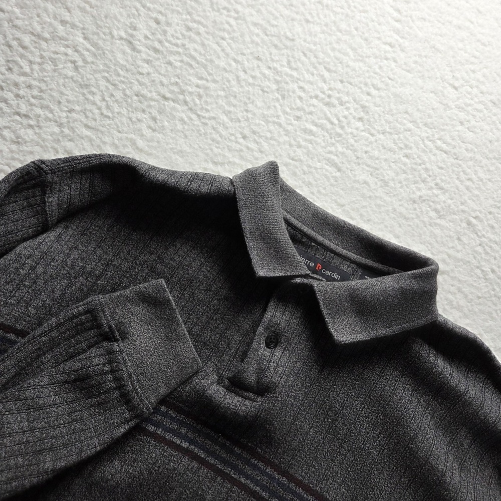 Pierre Cardin Sweater Mens XL Gray Stripe Long Sleeve Polo Knit Pullover Casual